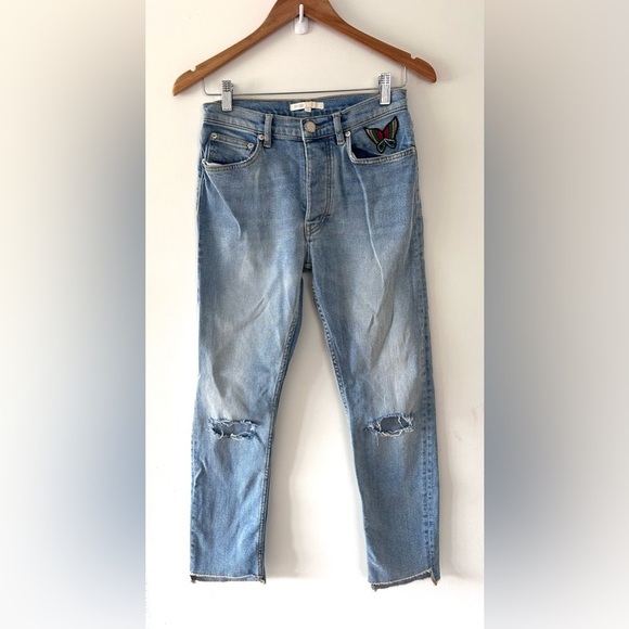 MAJE Light Blue Distressed Jeans with Butterfly Patch - Picture 2 of 9